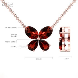 Four Gemstone Charm With 0.56 Ct Garnet Butterfly Thin Chain Necklace In 14k Real Gold