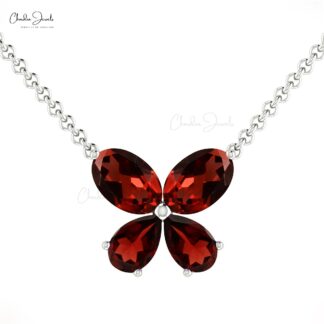 Four Gemstone Charm With 0.56 Ct Garnet Butterfly Thin Chain Necklace In 14k Real Gold
