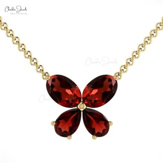 Four Gemstone Charm With 0.56 Ct Garnet Butterfly Thin Chain Necklace In 14k Real Gold