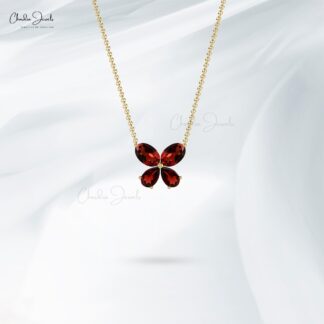 Four Gemstone Charm With 0.56 Ct Garnet Butterfly Thin Chain Necklace In 14k Real Gold
