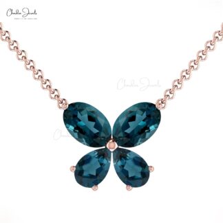 Dual Shape Stone Necklace With 1.20 Ct London Blue Topaz 14k Gold Butterfly Necklace