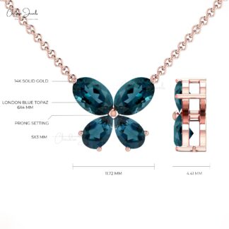 Dual Shape Stone Necklace With 1.20 Ct London Blue Topaz 14k Gold Butterfly Necklace
