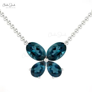 Dual Shape Stone Necklace With 1.20 Ct London Blue Topaz 14k Gold Butterfly Necklace
