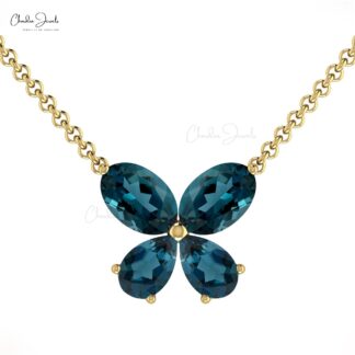 Dual Shape Stone Necklace With 1.20 Ct London Blue Topaz 14k Gold Butterfly Necklace