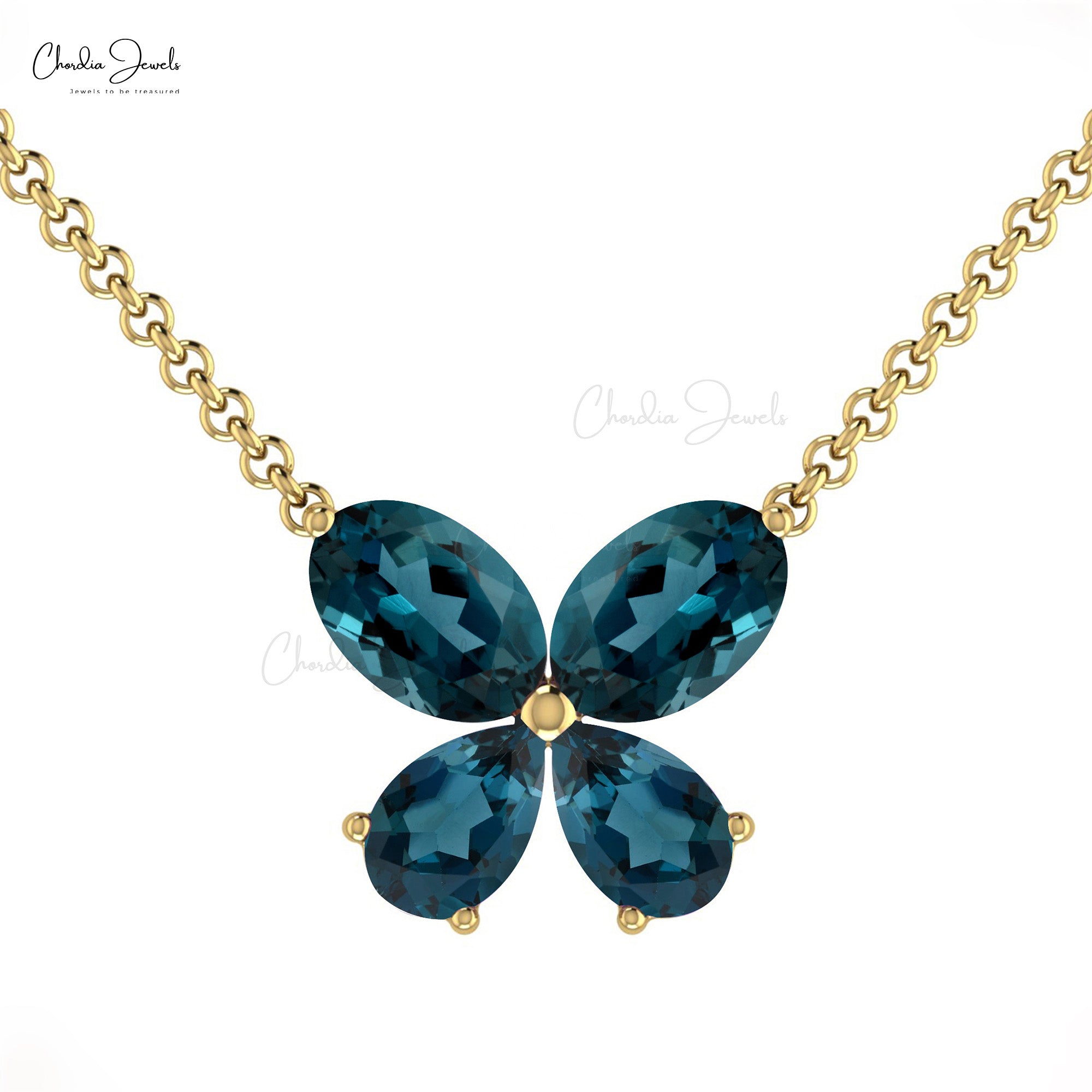 Dual Shape Stone Necklace With 1.20 Ct London Blue Topaz 14k Gold Butterfly Necklace