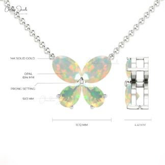 14k Solid Gold Natural Fire Opal Gemstone Butterfly Necklace For Love