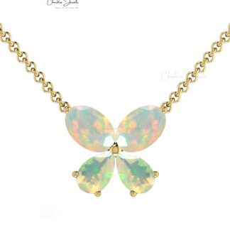 14k Solid Gold Natural Fire Opal Gemstone Butterfly Necklace For Love