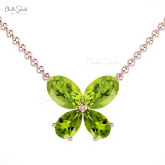 Real 14k Gold Butterfly Necklace With 6x4mm Oval Peridot Gemstone Thin Chain Necklace