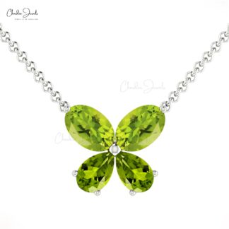 Real 14k Gold Butterfly Necklace With 6x4mm Oval Peridot Gemstone Thin Chain Necklace