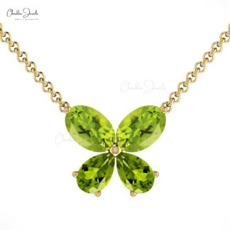 Real 14k Gold Butterfly Necklace With 6x4mm Oval Peridot Gemstone Thin Chain Necklace