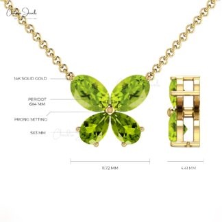 Real 14k Gold Butterfly Necklace With 6x4mm Oval Peridot Gemstone Thin Chain Necklace