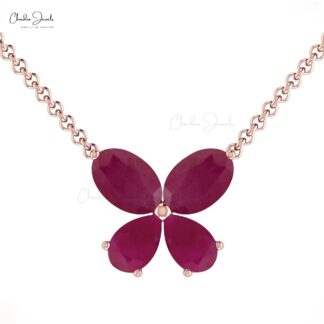 Butterfly Women Necklace With 1.24 Ct Ruby 4 Stone Prong Set In 14k Real Gold Necklace