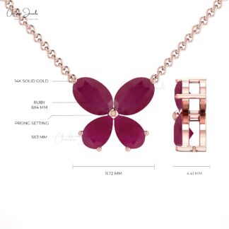 Butterfly Women Necklace With 1.24 Ct Ruby 4 Stone Prong Set In 14k Real Gold Necklace