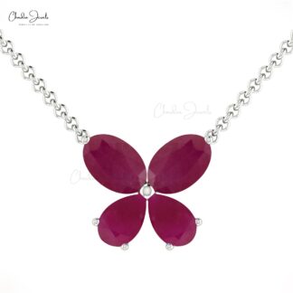 Butterfly Women Necklace With 1.24 Ct Ruby 4 Stone Prong Set In 14k Real Gold Necklace