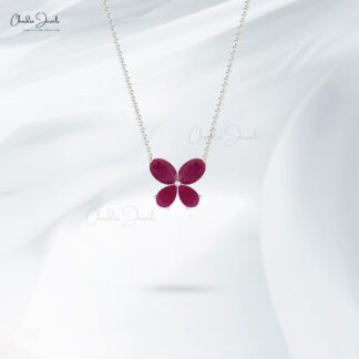 Butterfly Women Necklace With 1.24 Ct Ruby 4 Stone Prong Set In 14k Real Gold Necklace