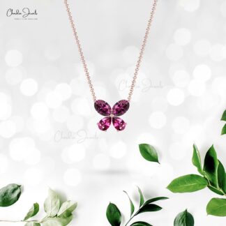 Natural Rhodolite Garnet Butterfly Necklace in 14k Pure Gold 4 Stone Fine Jewelry