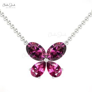 Natural Rhodolite Garnet Butterfly Necklace in 14k Pure Gold 4 Stone Fine Jewelry