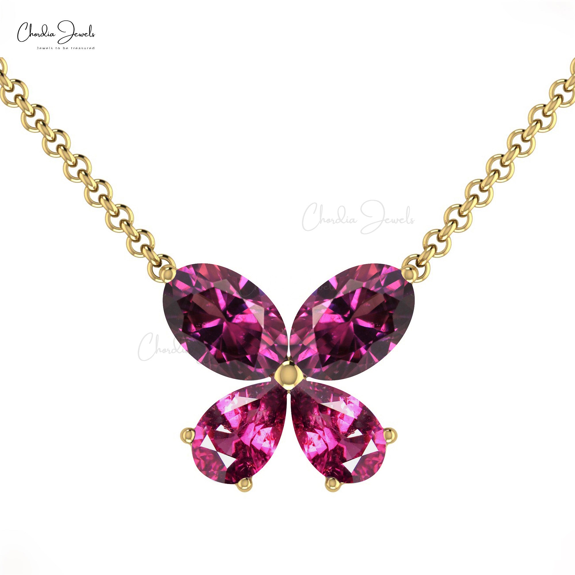 Natural Rhodolite Garnet Butterfly Necklace in 14k Pure Gold 4 Stone Fine Jewelry