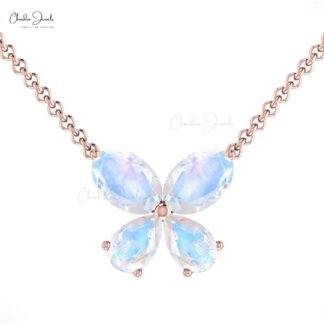 Real 14k Gold Butterfly Charm Necklace Natural 1.2ct Rainbow Moonstone Minimalist Chain Necklace