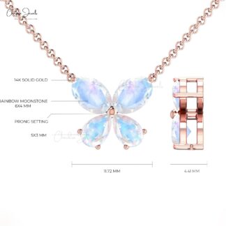 Real 14k Gold Butterfly Charm Necklace Natural 1.2ct Rainbow Moonstone Minimalist Chain Necklace