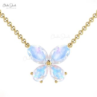 Real 14k Gold Butterfly Charm Necklace Natural 1.2ct Rainbow Moonstone Minimalist Chain Necklace