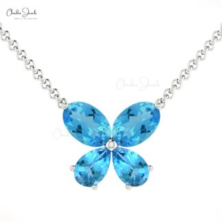 Solid 14k Gold Authentic Swiss Blue Topaz Butterfly Necklace