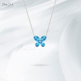 Solid 14k Gold Authentic Swiss Blue Topaz Butterfly Necklace