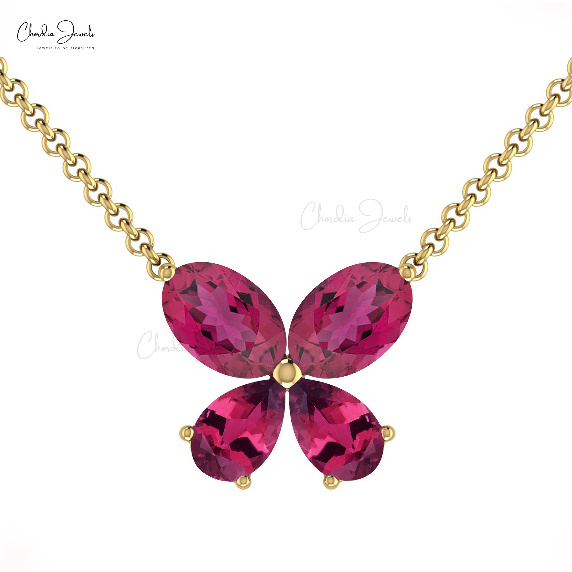 Pear And Oval Pink Tourmaline Butterfly Necklace In 14k Real Gold Women Hallmark Jewelry