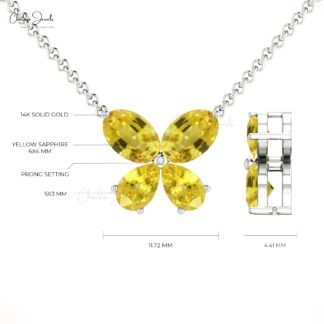 Real 14k Gold 4 Stone Necklace With 1.3 Ct Yellow Sapphire Butterfly Chain Necklaces