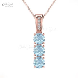 Genuine Aquamarine 3 Stone Pendant In 14k Solid Gold G-H Diamond Hallmarked Jewelry