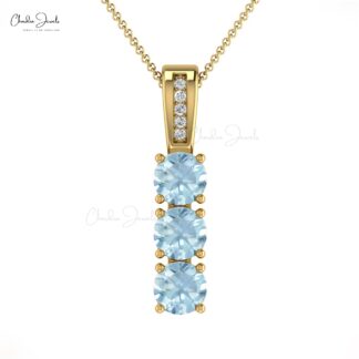 Genuine Aquamarine 3 Stone Pendant In 14k Solid Gold G-H Diamond Hallmarked Jewelry