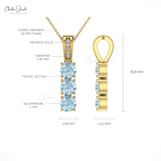 Genuine Aquamarine 3 Stone Pendant In 14k Solid Gold G-H Diamond Hallmarked Jewelry