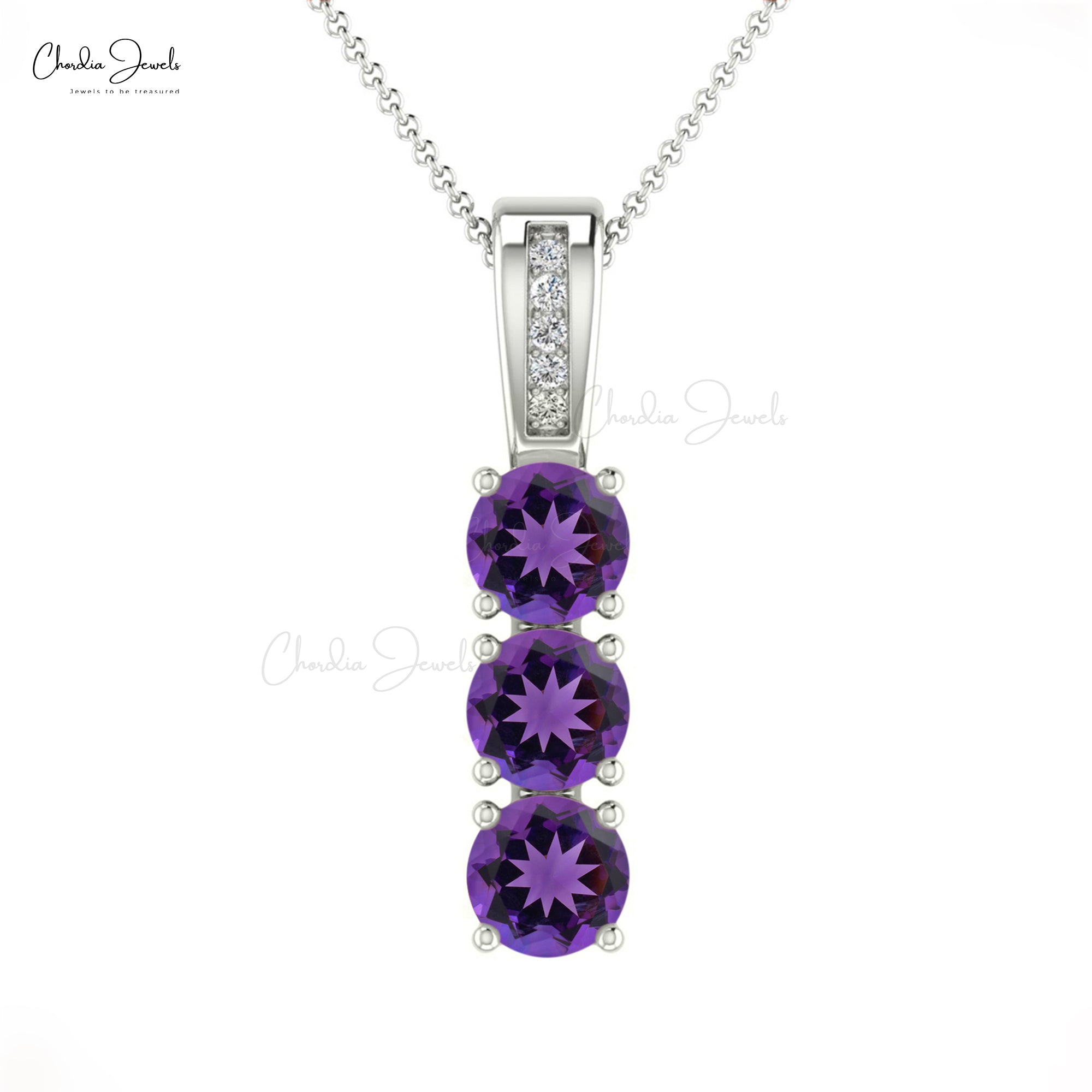 Brilliant Cut 3 Stone Pendant in Real 14k Gold Amethyst 4mm Gemstone And Diamond Pendant