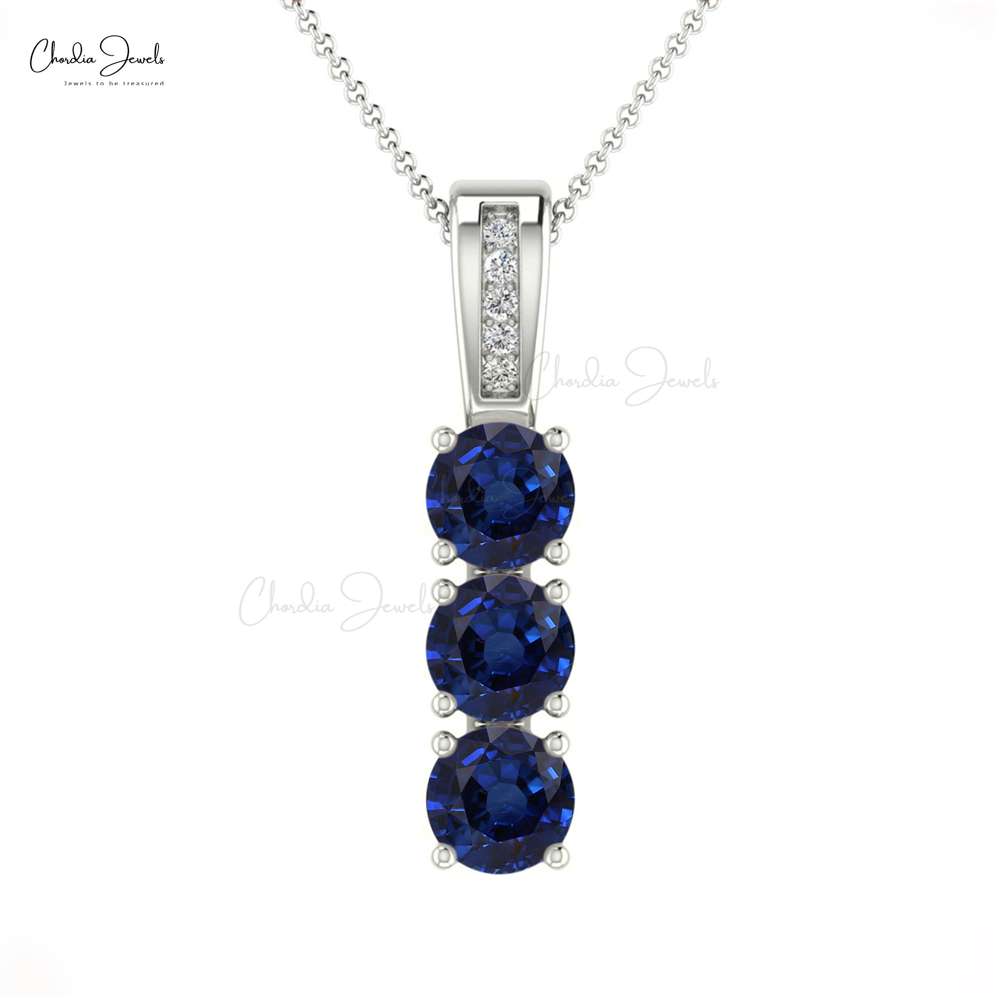 Genuine Blue Sapphire 0.75Ct Trio Gemstone & Diamond Pendant in 14k Solid Gold Jewelry