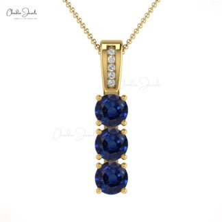 Genuine Blue Sapphire 0.75Ct Trio Gemstone & Diamond Pendant in 14k Solid Gold Jewelry