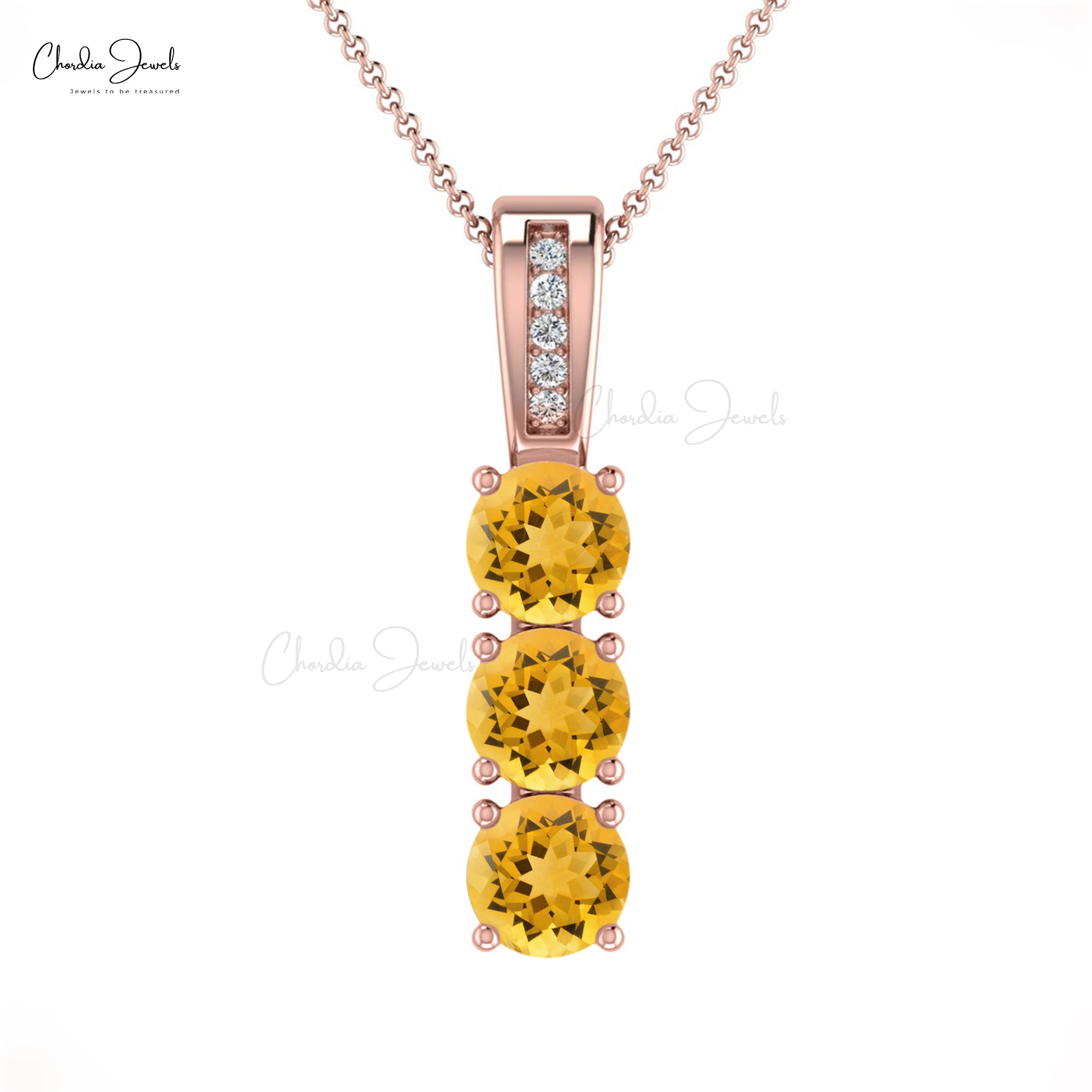 Three Stone Diamond Pendant With 0.75 Ct Citrine Prong Set In 14k Real Gold Necklace