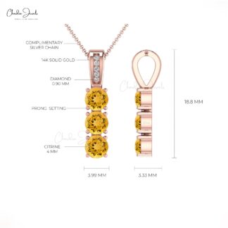 Three Stone Diamond Pendant With 0.75 Ct Citrine Prong Set In 14k Real Gold Necklace