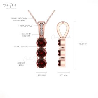 Dual Birthstone Pendant With 4mm Red Garnet And Diamond 14k Solid Gold 3 Stone Necklace