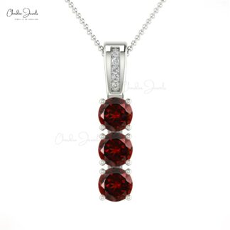 Dual Birthstone Pendant With 4mm Red Garnet And Diamond 14k Solid Gold 3 Stone Necklace