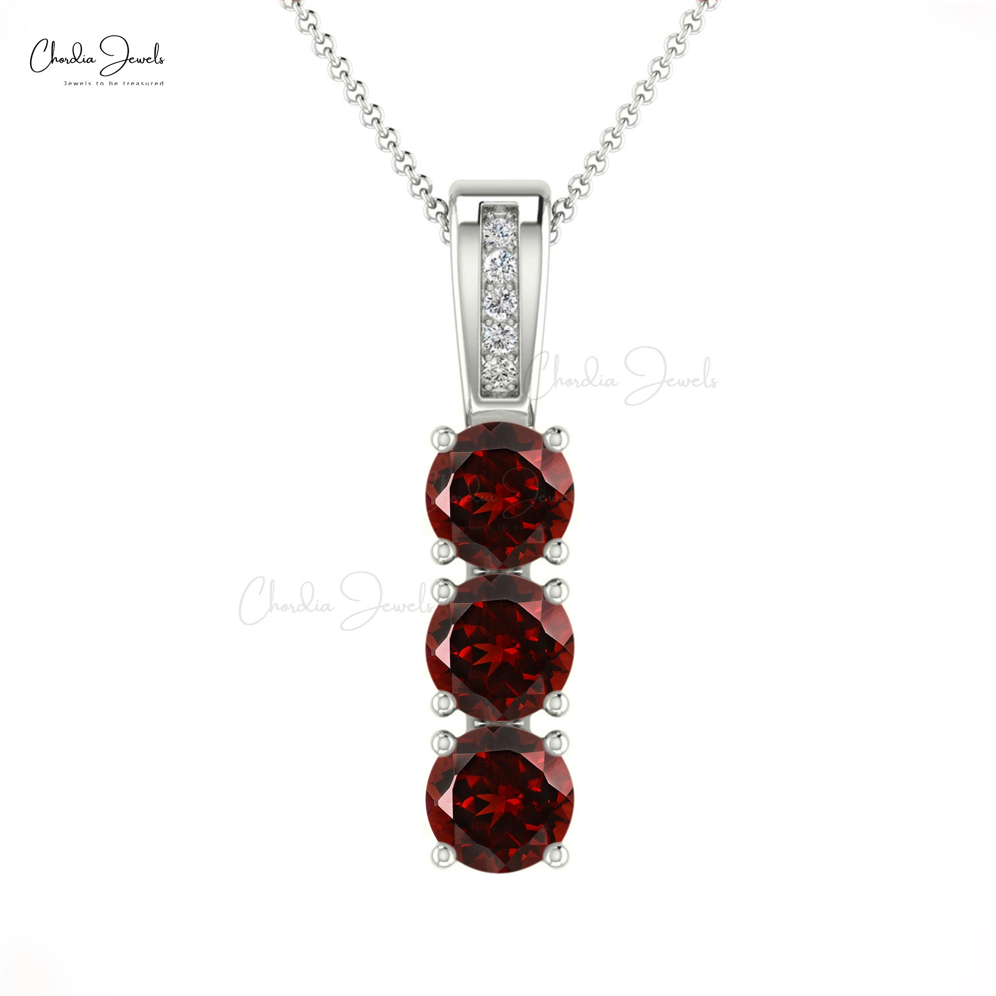 Dual Birthstone Pendant With 4mm Red Garnet And Diamond 14k Solid Gold 3 Stone Necklace