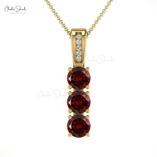 Dual Birthstone Pendant With 4mm Red Garnet And Diamond 14k Solid Gold 3 Stone Necklace