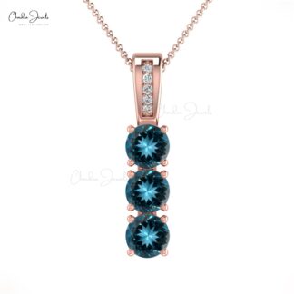 Genuine London Blue Topaz Trilogy Pendant in 14k Solid Gold Dainty Diamond Jewelry