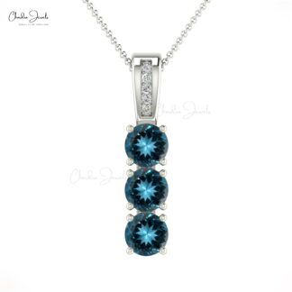 Genuine London Blue Topaz Trilogy Pendant in 14k Solid Gold Dainty Diamond Jewelry