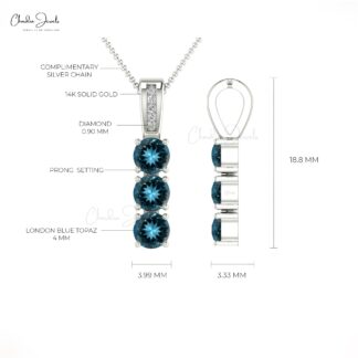 Genuine London Blue Topaz Trilogy Pendant in 14k Solid Gold Dainty Diamond Jewelry