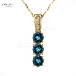 Genuine London Blue Topaz Trilogy Pendant in 14k Solid Gold Dainty Diamond Jewelry