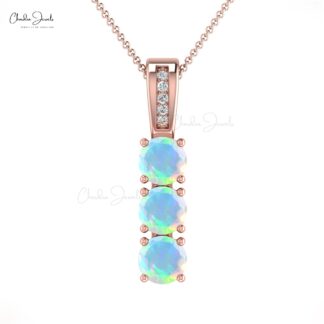 Round Trilogy Pendant With 4mm Fire Opal And Diamond Accents In 14k Real Gold Necklace