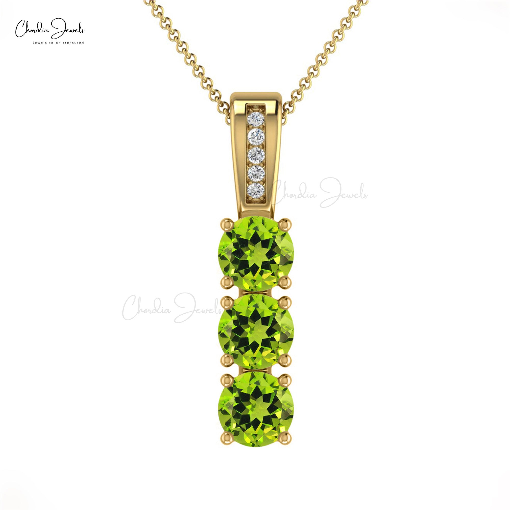 Triple Gemstone Pendant With 0.75 Ct Green Peridot And Diamond 14k Gold Minimal Pendants