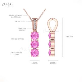 Solid 14k Gold 3 Stone Pendant With 4mm Pink Sapphire And G-H Diamond Fine Jewelry
