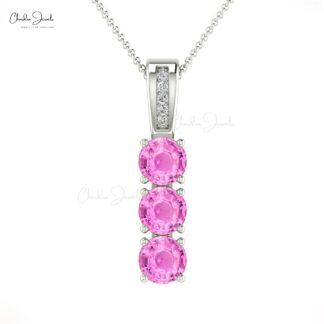 Solid 14k Gold 3 Stone Pendant With 4mm Pink Sapphire And G-H Diamond Fine Jewelry