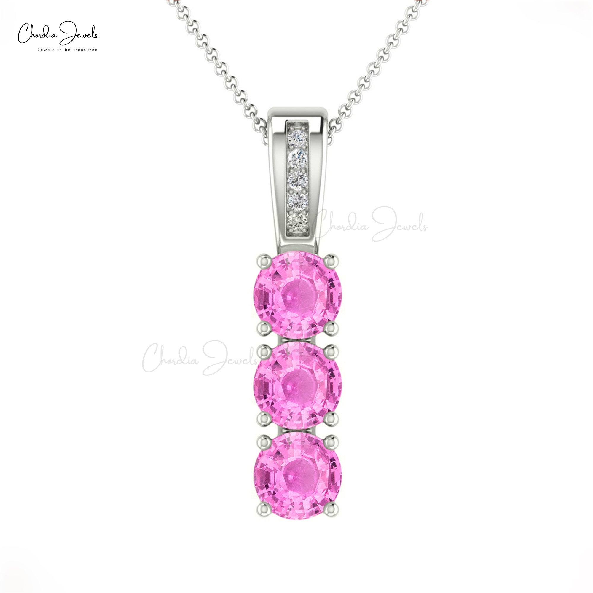 Solid 14k Gold 3 Stone Pendant With 4mm Pink Sapphire And G-H Diamond Fine Jewelry